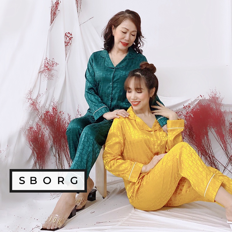 Bộ pijama dài tay SBORG đồ mặc nhà trung niên gấm họa tiết cao cấp có túi bigsize 45-75kg quà tặng mẹ và vợ