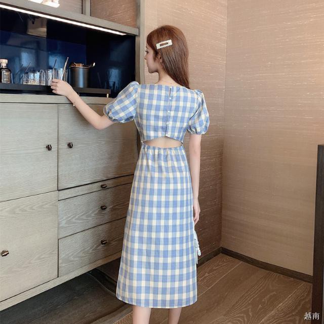♂▼✢Xường xám cổ vuông phiên bản cải tiến váy nữ mùa hè phong cách mới điển màu xanh kiểm tra tay áo phồng mỏn