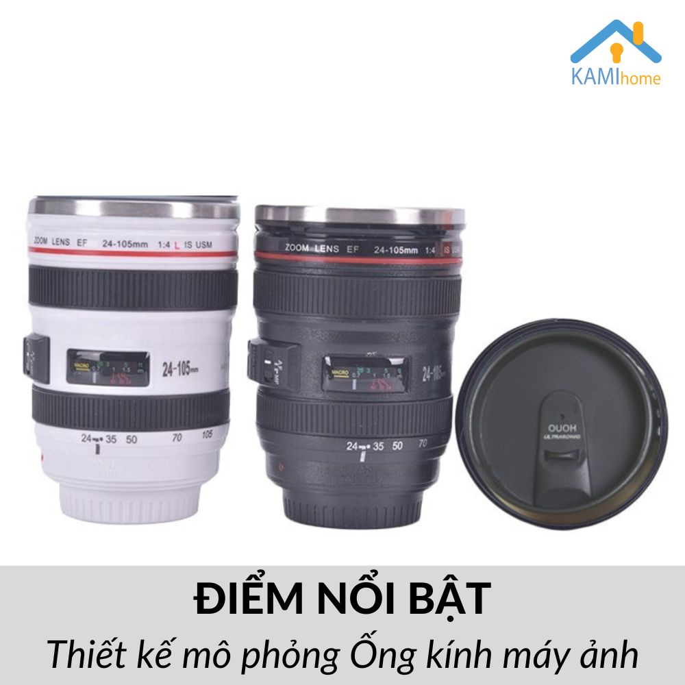 Ly giữ nhiệt inox (Chống Đổ nghiêng) hình ống kính máy ảnh cỡ 400ml cốc cà phê bình nước KM22058
