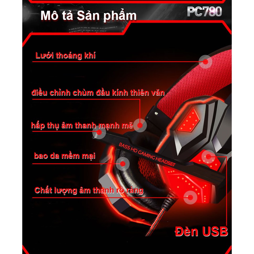Tai nghe máy tính có mic Plextone PC780 - đèn LED - Có Mic - Headphone gaming - M10001