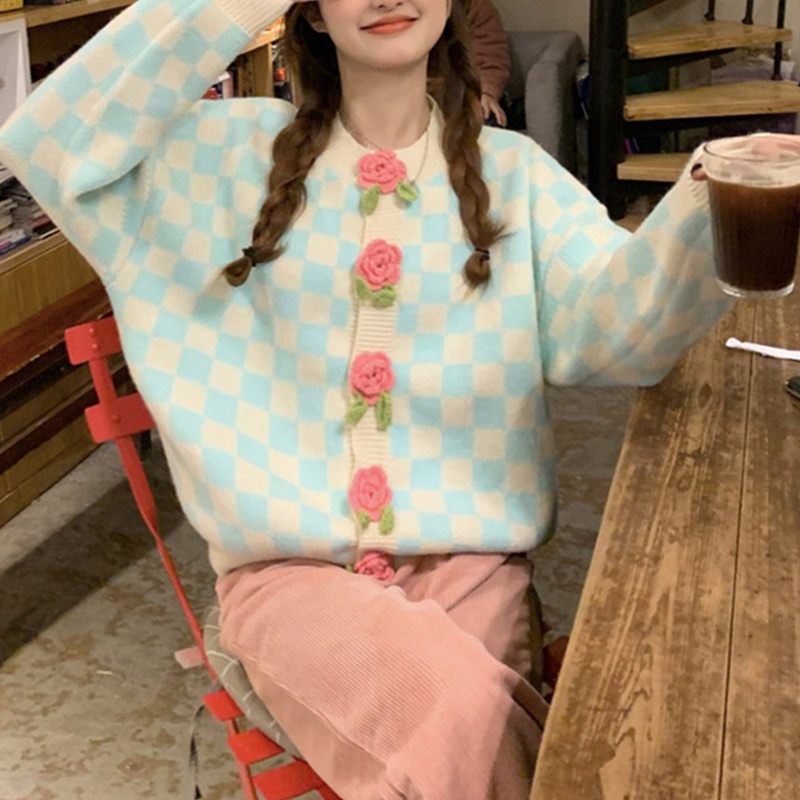 Áo Khoác Cardigan Dệt Kim Tay Dài Họa Tiết Hoa 3D Dễ Thương Cho Nữ