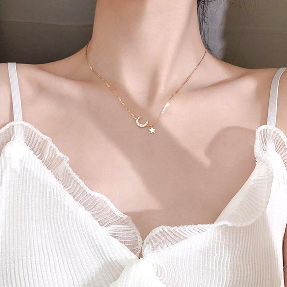 vòng cổ Mặt Trăng Sao Đính Đá Zircon Phong Cách Hàn Quốc