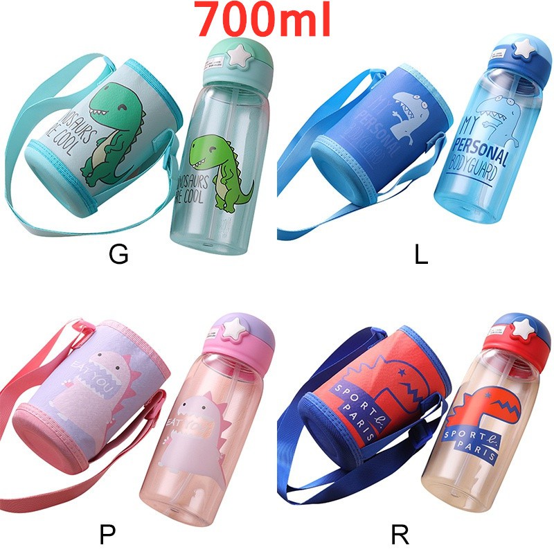 Bình uống nước tích hợp ống hút in họa tiết hoạt hình thời trang cho bé 700ml