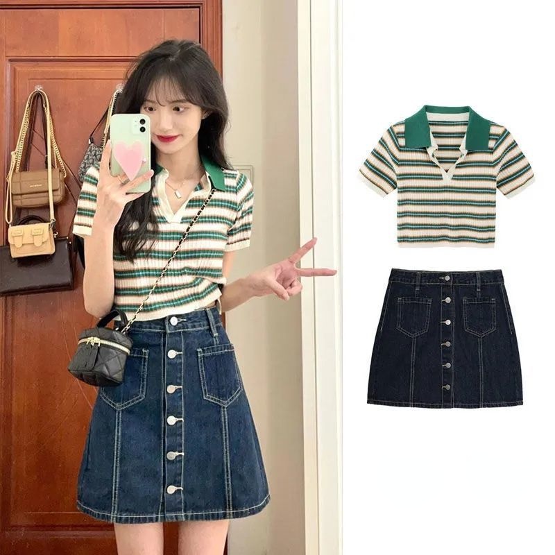 Set Áo Thun Polo Tay Ngắn Kẻ Sọc Phối Chân váy jean Thời Trang Trẻ Trung Cho Nữ