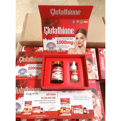 Serum Glutathione đỏ 1000mg chống oxy hoá, tăng cường sức đề kháng – ( Hộp 30 viên tặng 1 lọ Serum )