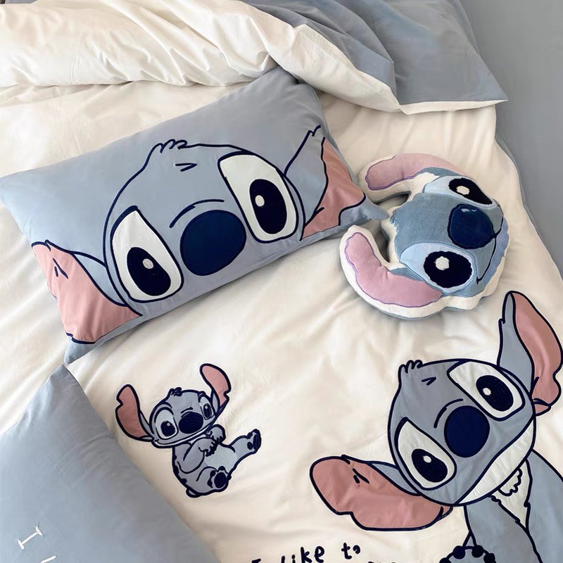 Bộ Chăn Ga Gối 5 Món mẫu STITCH -  Cotton Linen Họa Tiết Hoạt Hình Disney Dễ Thương