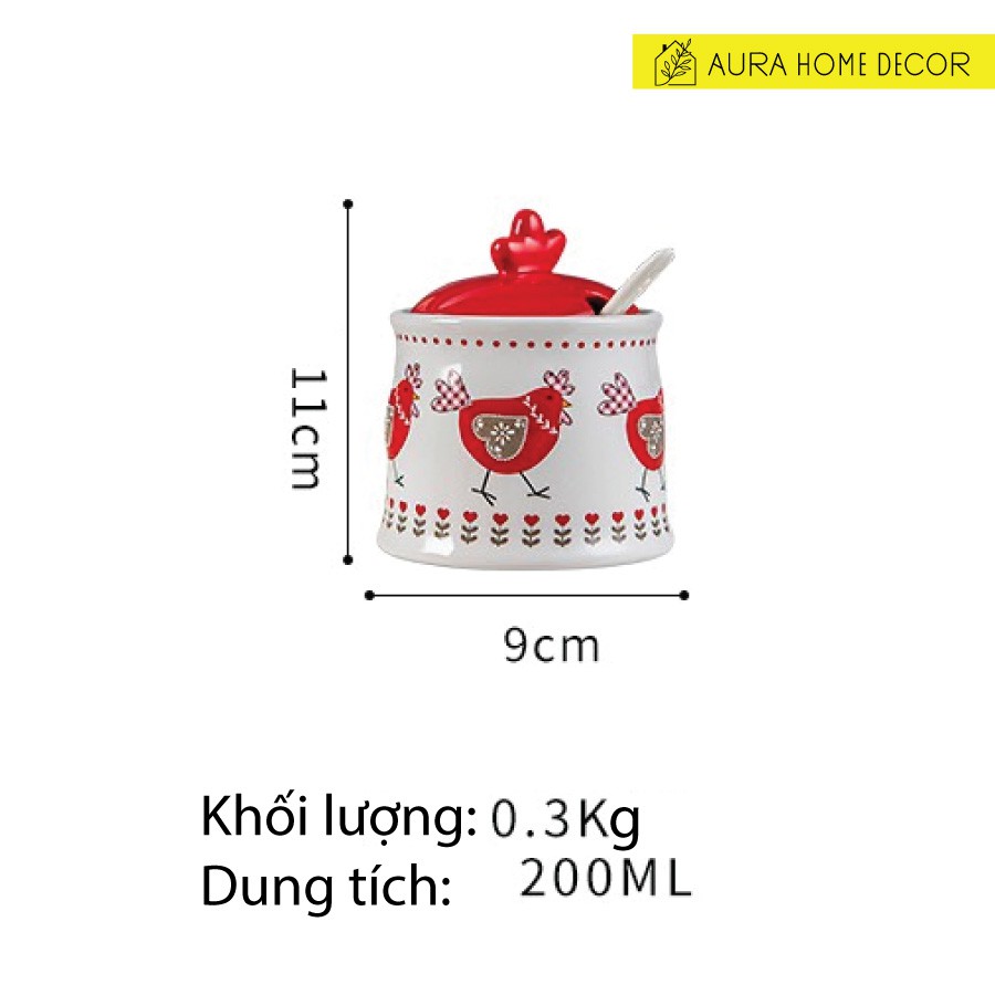 [Có sẵn] Hũ đựng gia vị kèm thìa sứ hình gà mái dễ thương phong cách Bắc Âu