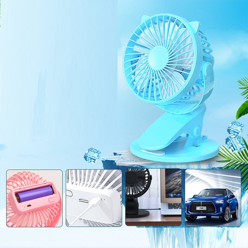 Quạt Mini Kẹp Để Bàn Tai Mèo Siêu Dễ Thương Xoay 360 Độ Sạc Pin Chống Ồn Dành Cho Văn Phòng, Phòng Ngủ