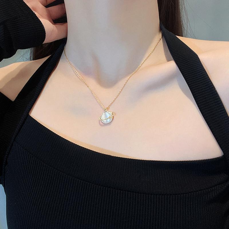 XiaoboACC Vòng cổ Bằng Thép Titan Mạ Vàng 18K Mặt Đính Đá Opal Hình Hành Tinh - 38CM+6CM