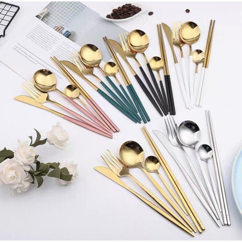 Bộ Thìa, Nĩa, Dao, Muỗng Inox Mạ Vàng Set 4 Sang chảnh