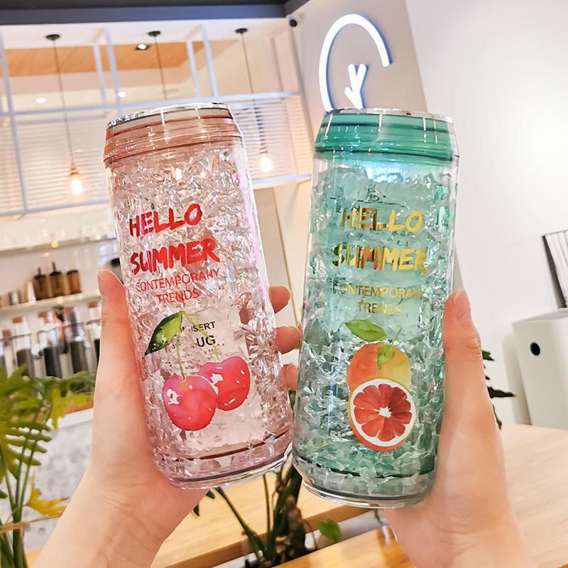 Bình nước dễ thương họa tiết trái cây siêu cute đá mờ 450ml ( có kèm ống hút)