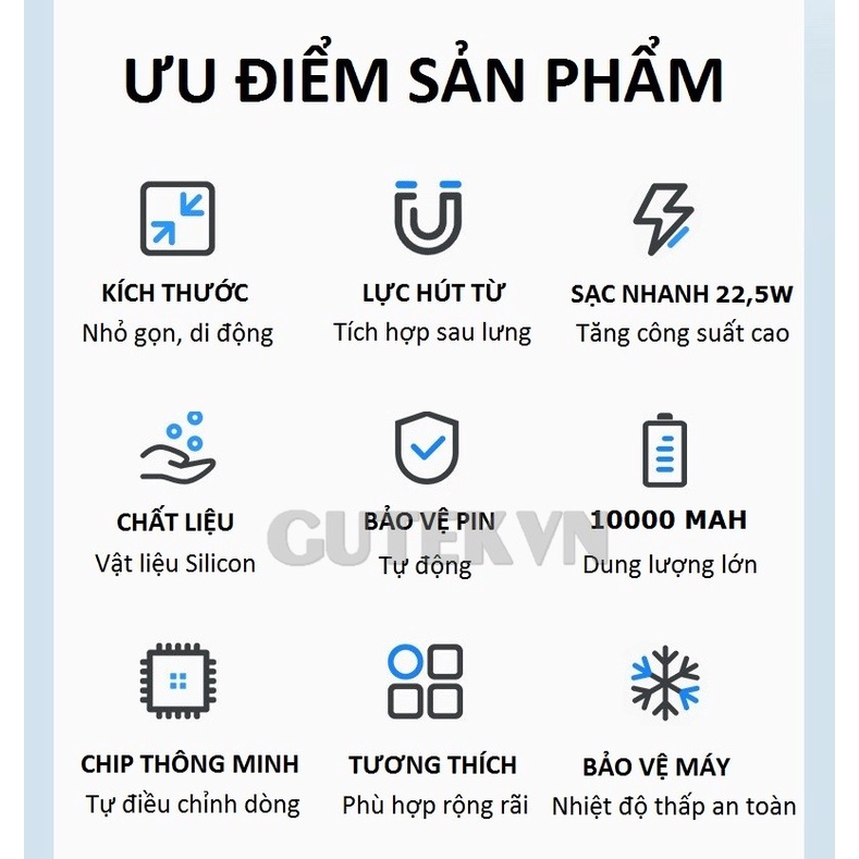 Sạc dự phòng không dây sạc nhanh pin 10000mah mini nhỏ gọn cao cấp cho từ iphone 8/X/11/12/13 – Gutek Mag2