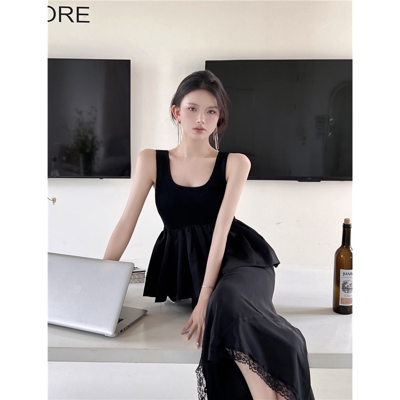 Set Áo Hai Dây Cổ Chữ V + Chân Váy Đuôi Cá Lưng Cao Phối Ren Màu Đen Phong Cách Hàn Quốc Thời Trang Mùa Hè Cho Nữ