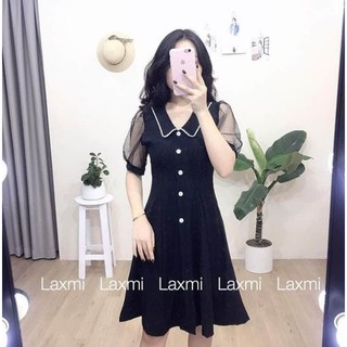 Váy đen xòe chữ A cổ cách điệu tay phối lưới nổi bật