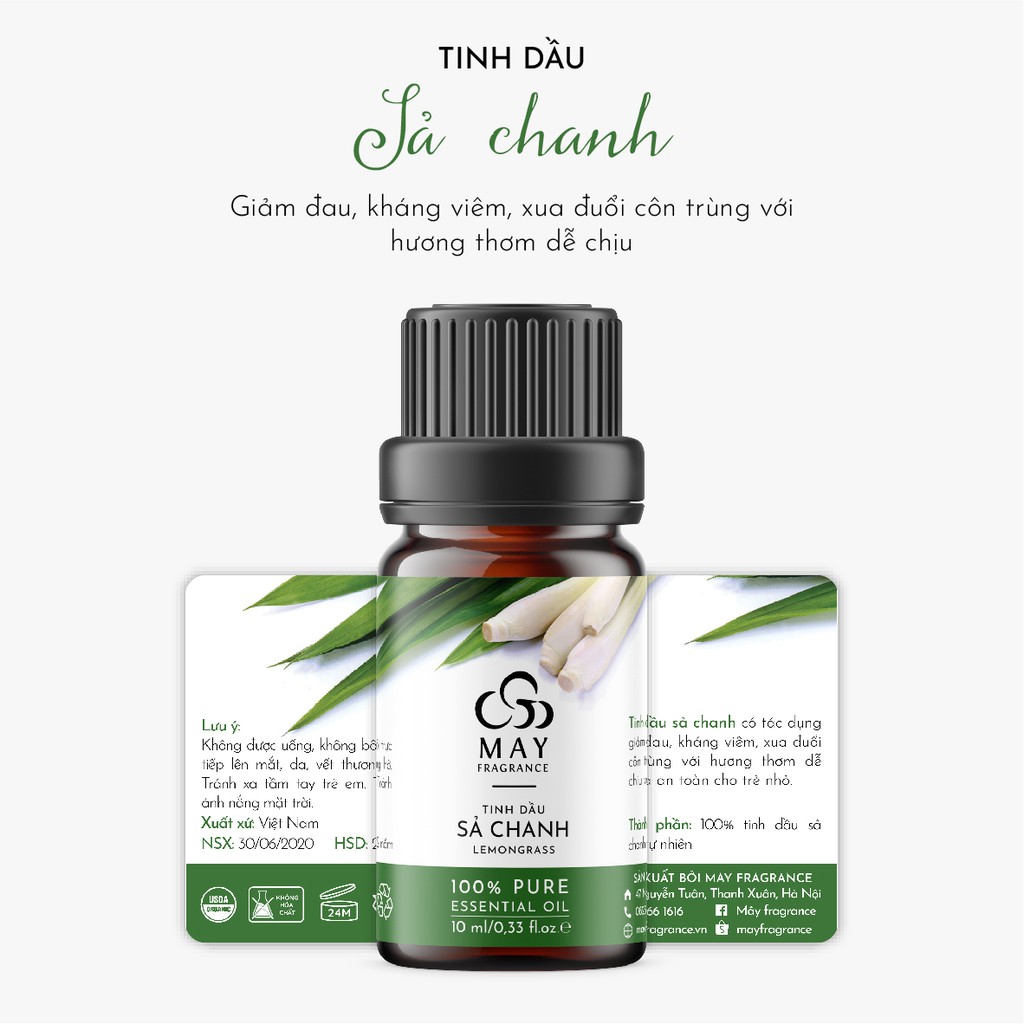 Tinh dầu Sả chanh thiên nhiên thơm phòng May Fragrance lọ 10 ml | Có kiểm nghiệm GC - MS