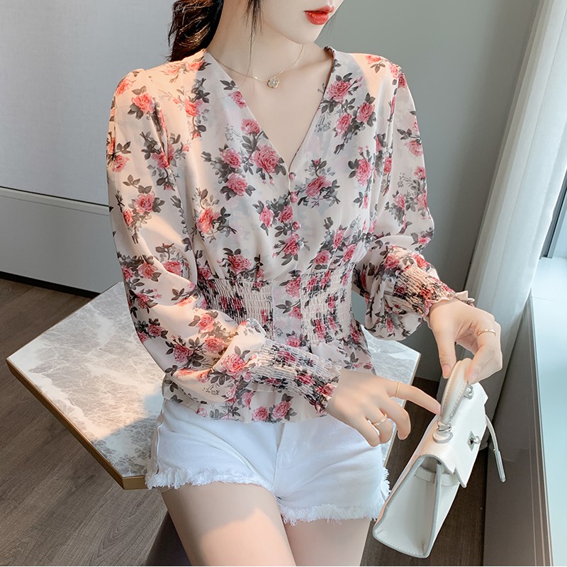 Áo Peplum Trắng Cổ Chữ V In Hoa Thanh Lịch