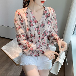 Áo Peplum Trắng Cổ Chữ V In Hoa Thanh Lịch