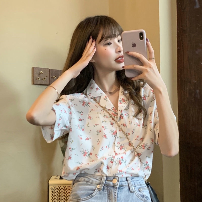 Áo Sơ Mi Ngắn Tay In Hoa Xinh Xắn Phong Cách Hàn Quốc