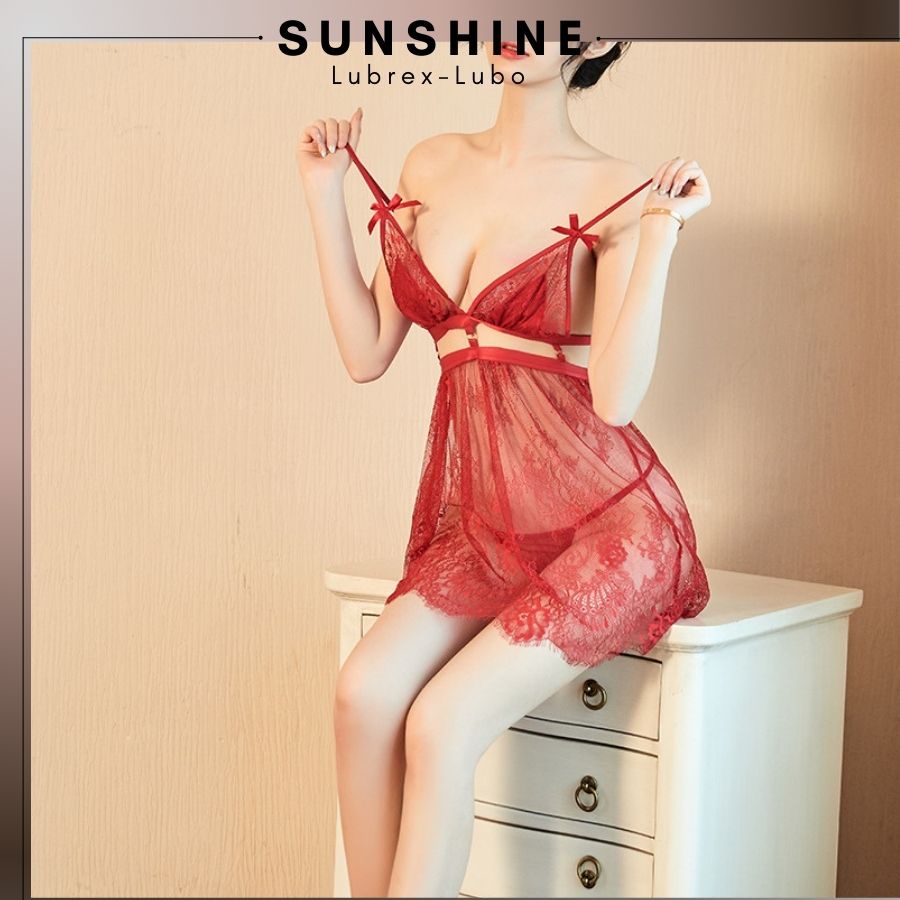 Váy ngủ nữ ren sexy 2 dây gợi cảm hai dây voan mỏng quyến rũ Màu Đỏ, Trắng SUNSHINE HB1534