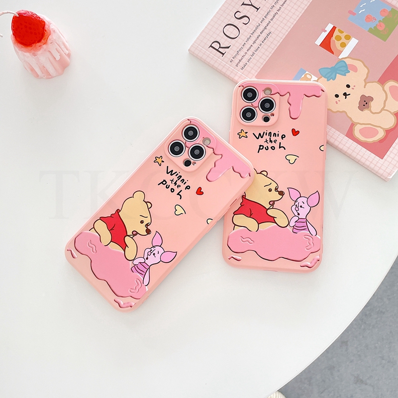 Casing OPPO R17 R15 Reno 4Z A92S A53 A33 A9 A5 2020 A12e AX5 A3S F11 Find X2 Lite NEO Fashion Side Printing Square Phone Case Cartoon Winnie the Pooh Matte Soft Liquid Silicone Cover