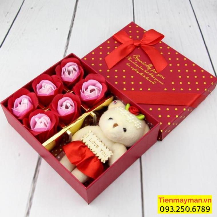 Hộp hoa hồng sáp thơm 6 bông kèm gấu siêu kute, tặng kèm thiệp chúc mừng - MÀU ĐỎ LÃNG MẠNG