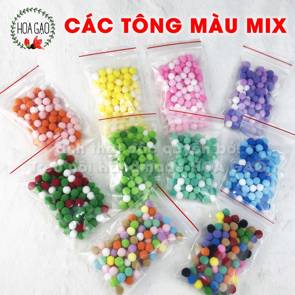 Pom pom 100 viên mix màu đồ chơi cho bé cục bông HOA GẠO GPMA nhiều size pompom 1.0cm 1.5cm 2.0cm 2.5cm 3.0cm quả bông