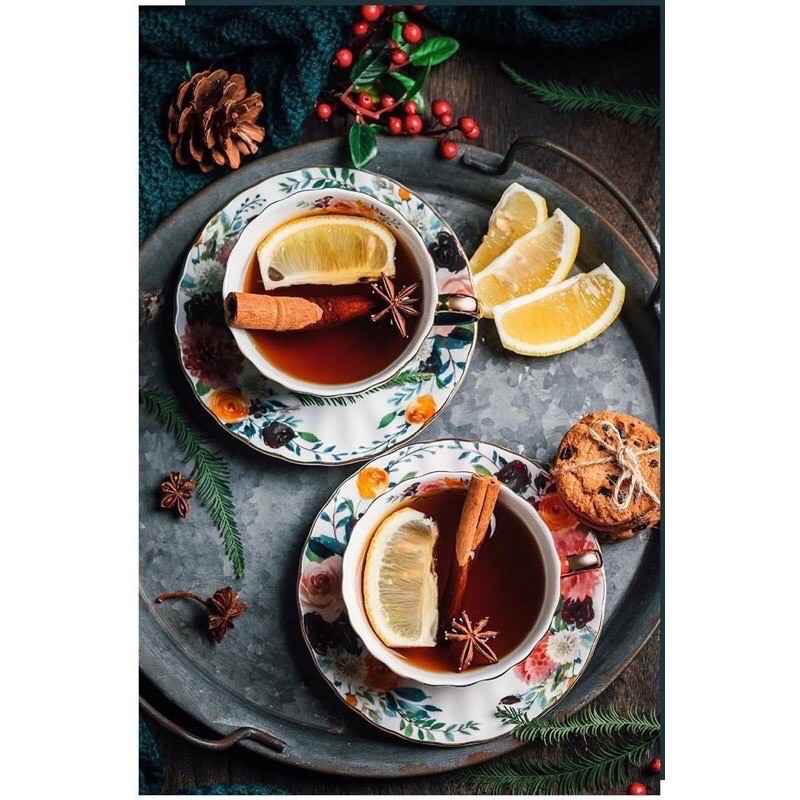 Sét Tách trà Châu Âu , chén và đĩa sứ kèm thìa mạ vàng phong cách Vintage