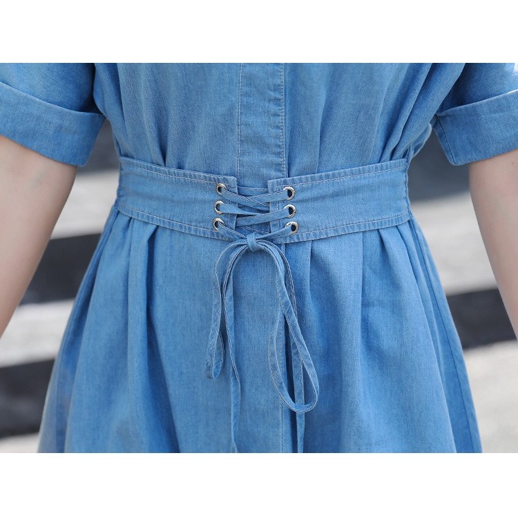 Đầm xòe nữ thắt eo tà cao thấp màu xanh jean