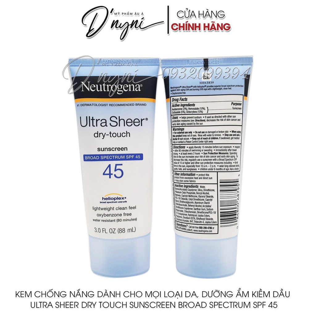 Kem Chống Nắng Neutrogena Ultra Sheer Dry-Touch Sunscreen SPF100, SPF85, SPF70, SPF55, SPF45, SPF30, Clear Body SPF30