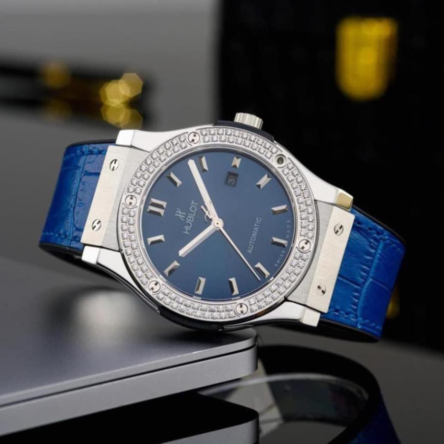 Đồng hồ nam Hublot máy cơ automatic mặt tròn đính viền đá chống nước cao cấp DH8803