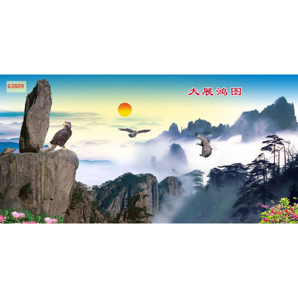 Tranh dán tường 3D cảnh cánh đồng, sa mạc cát bao la bát ngát, thác nước, mây trời như tiên cảnh