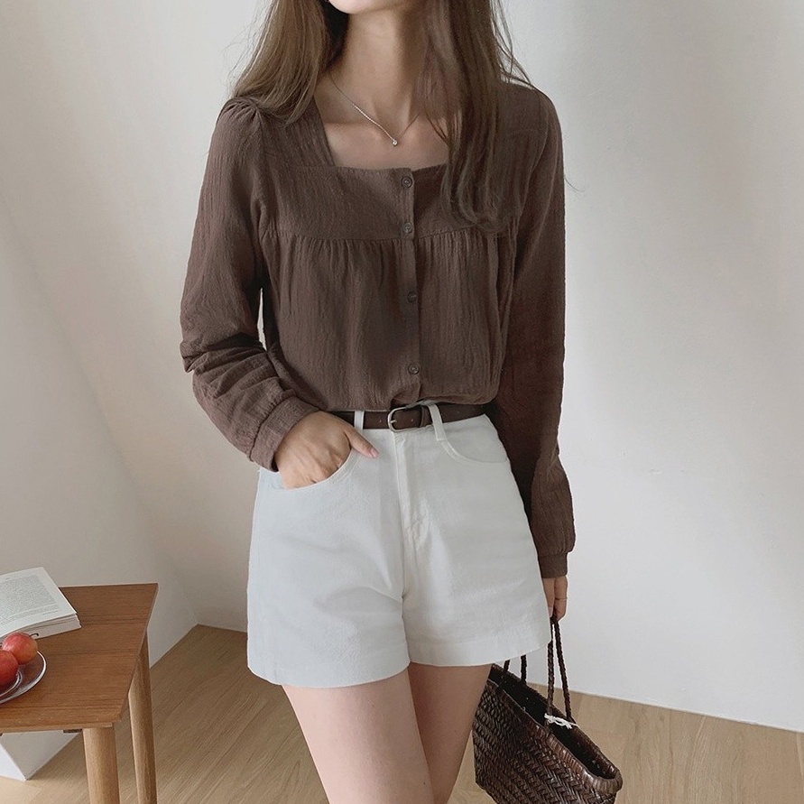 SUXI Áo Sơ Mi Tay Dài Cổ Vuông Màu Sắc Đơn Giản Dễ Phối Đồ Phong Cách Hàn Quốc Cho Nữ