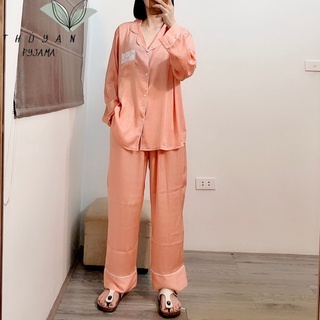  Bộ đồ Pyjama bigsize màu cam hồng tay dài chất lụa xước vân gỗ Tô Châu ko nhăn dành cho nữ mẹ bầu sau sinh 60 - 90kg 