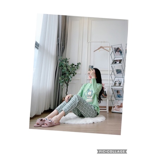 Bộ áo cotton quần thô kẻ