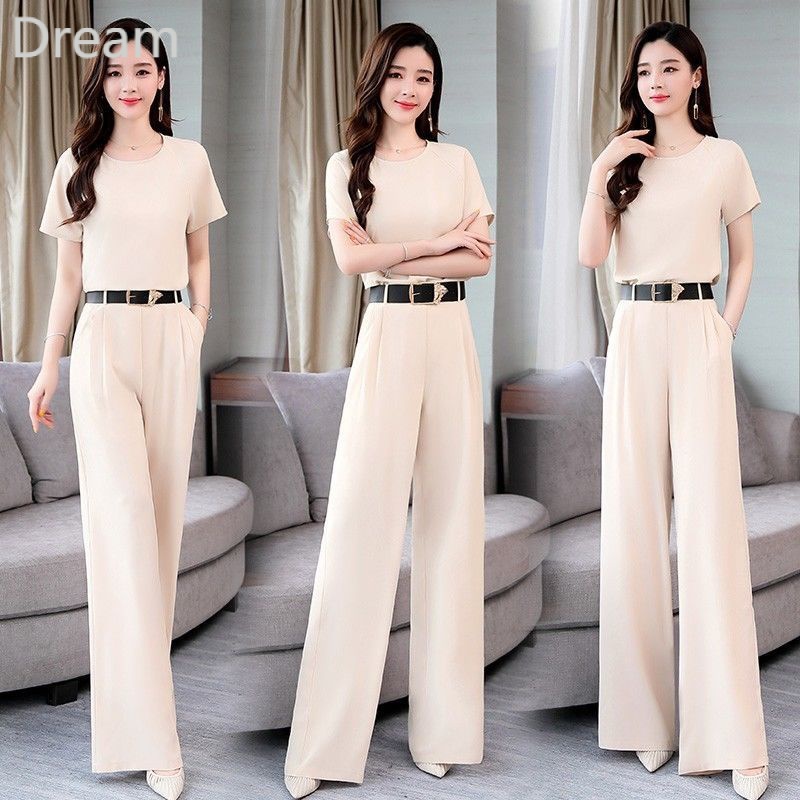 Bộ hai món gồm áo và quần dài ống rộng vải chiffon phong cách Hàn Quốc cho nữ