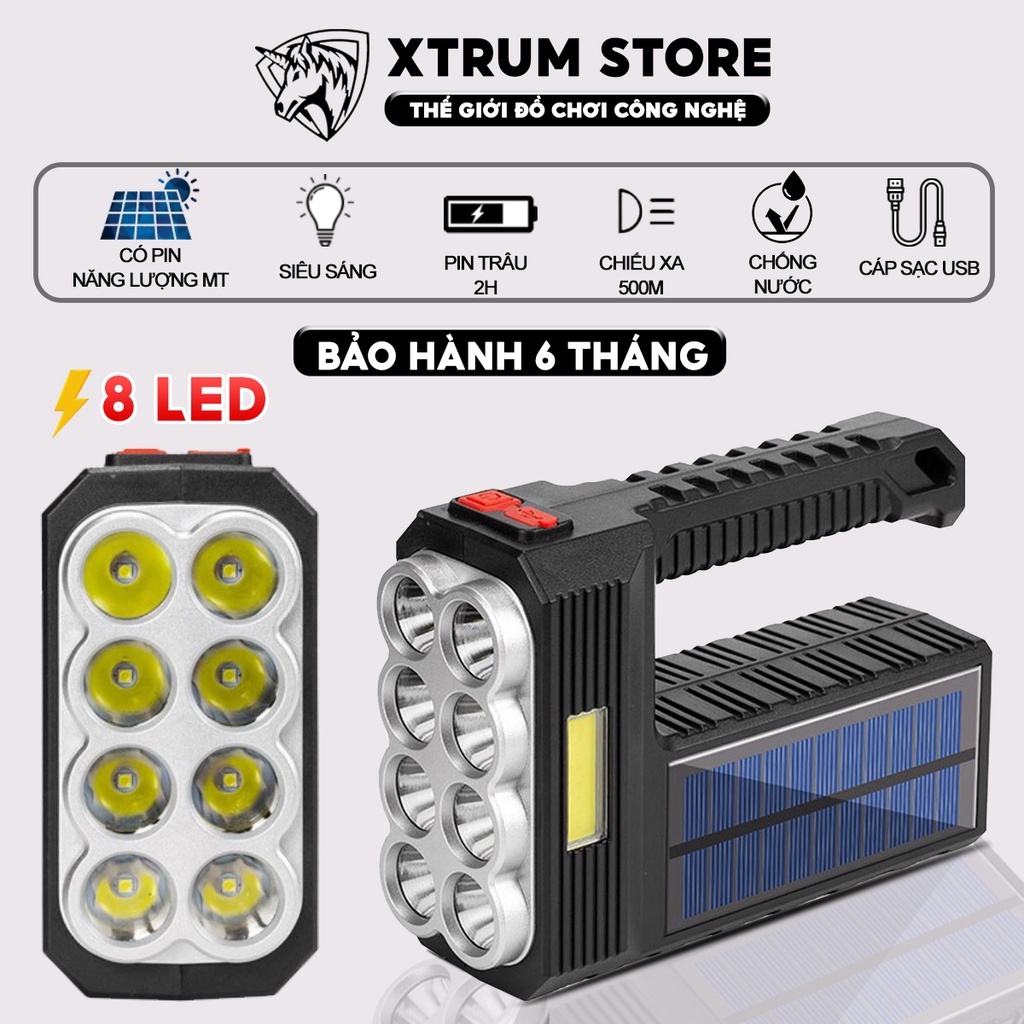 Đèn pin siêu sáng cầm tay cao cấp W5117 8 đèn LED 4 chế độ chiếu xa 500m sạc usb kết hợp năng lượng mặt trời