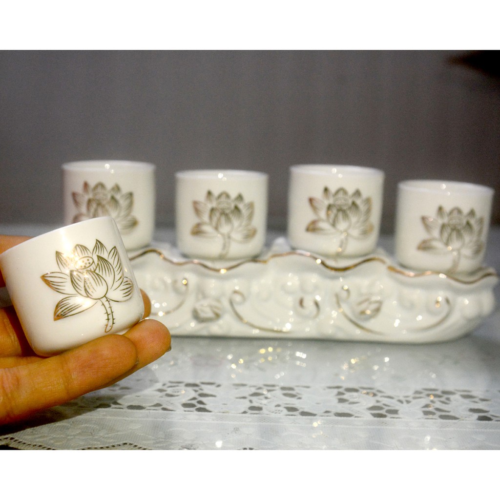 Án năm -Bộ năm ly Nước thờ Cúng hoa sen trắng