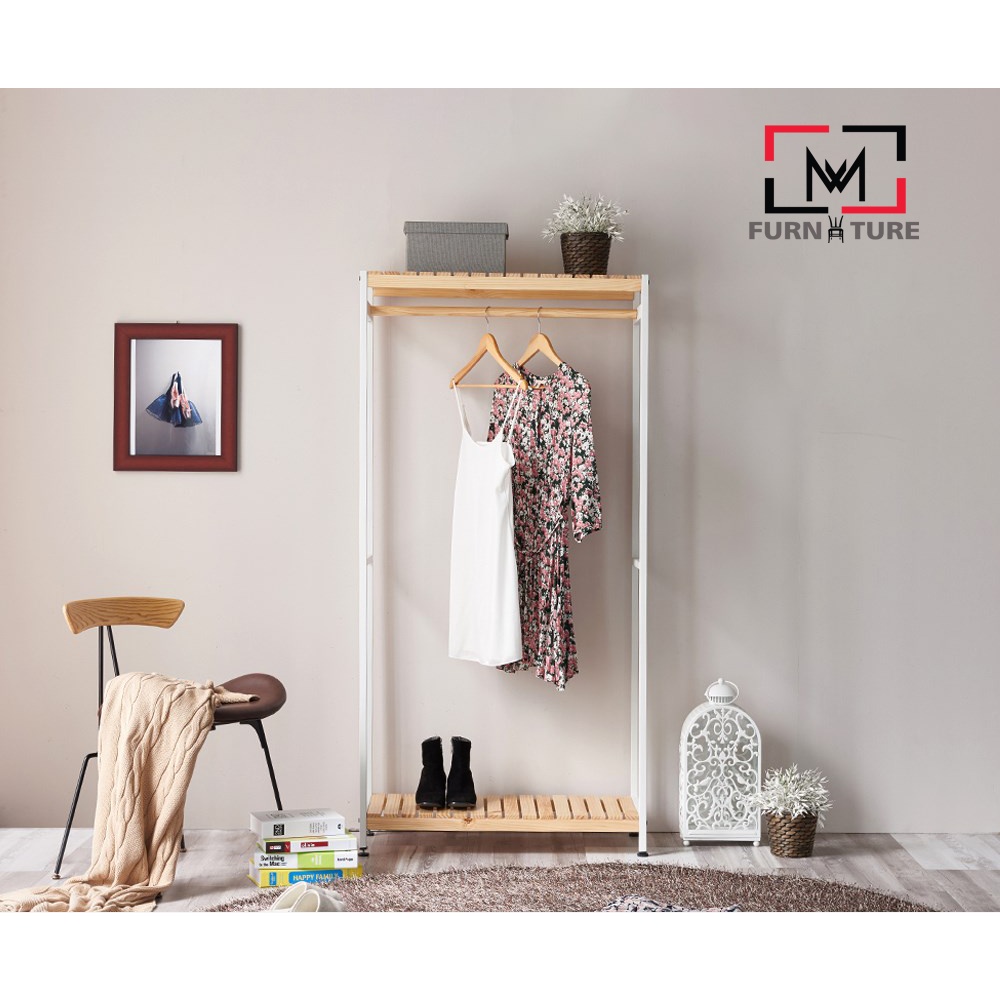 COMBO KỆ GỖ 6 TẦNG VÀ TỦ TREO QUẦN ÁO KHUNG SẮT TĨNH ĐIỆN - COMBO IRON SHELF 6F + IRON SHELF HANGER - NỘI THẤT CĂN HỘ