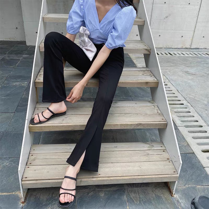 Quần ống loe xẻ gấu trước, quần tây suông ống vẩy xẻ tà li giữa cao cấp màu đen cho nữ KT81