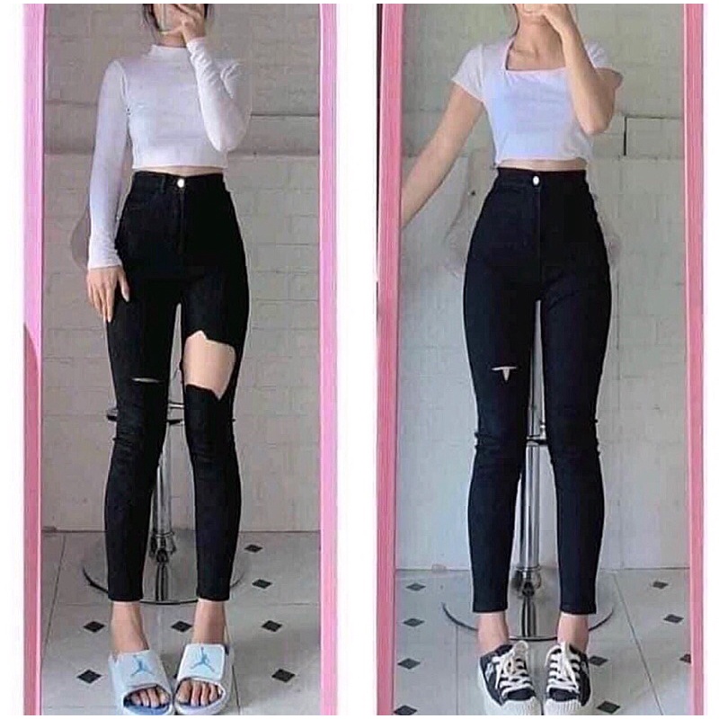 Quần Dài Jean BigSize  Màu Đen Rách  - Lưng Siêu Cao - Form Ôm - Quần Bò Lưng Cao - Cạp Cao