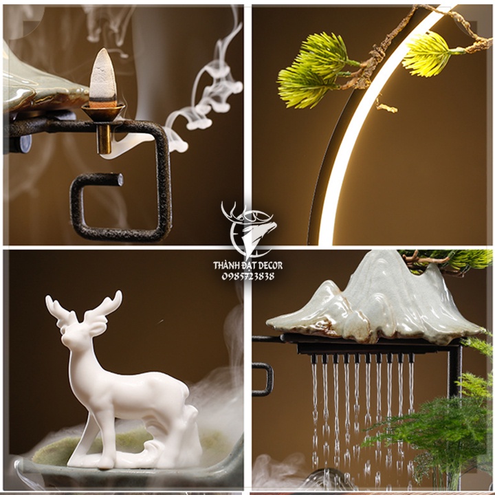 Thác nước phong thủy size 38cm , thác khói trầm hương có đài phun nước tự động kèm đèn LED cao cấp để bàn đem lại may mắ