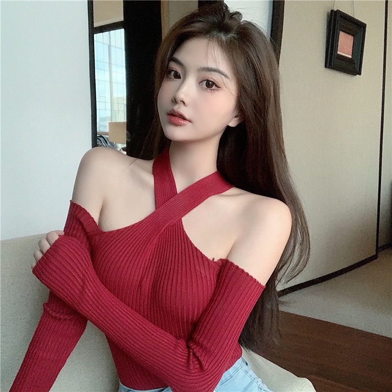 Áo sweater trễ vai thiết kế dây đan chéo quyến rũ cho nữ
