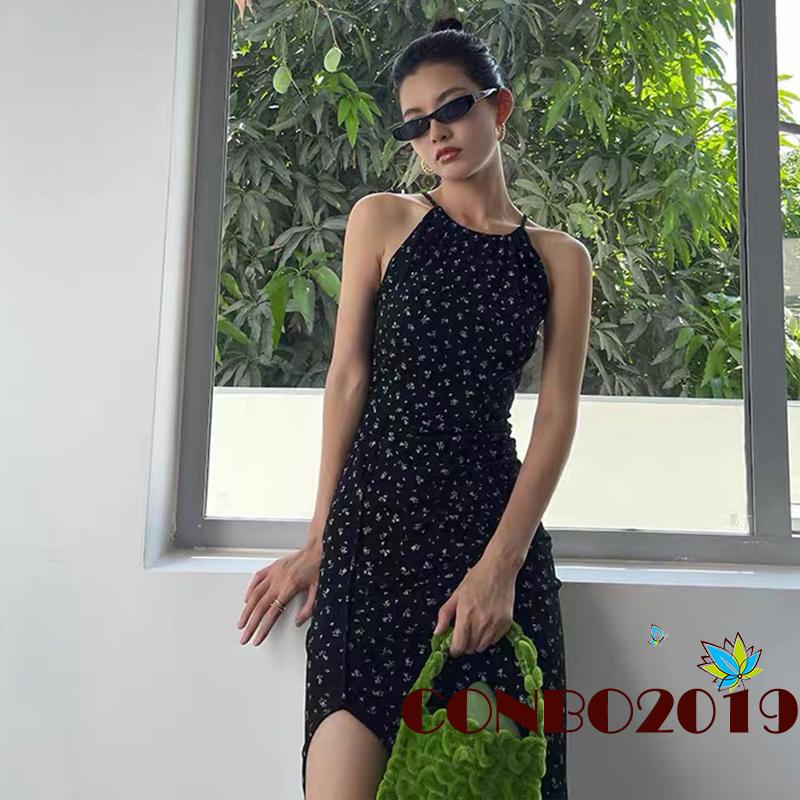 Đầm không tay dáng chữ A xẻ tà in họa tiết hoa quyến rũ thời trang mùa hè cho nữ