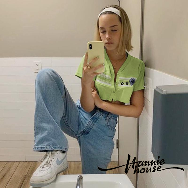 Áo croptop dệt kim tay ngắn cổ V cài nút in hình hoa quyến rũ cho nữ