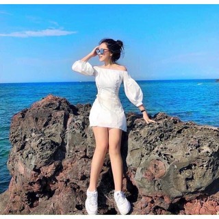 Đầm bẹt vai trắng đan đan dây eo