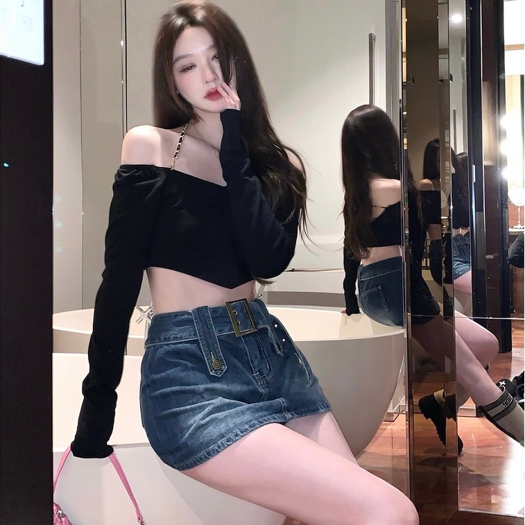 Áo thun crop top dệt kim ZHELIHANGFEI hở lưng phối dây xích trẻ trung quyến rũ thời trang cho nữ