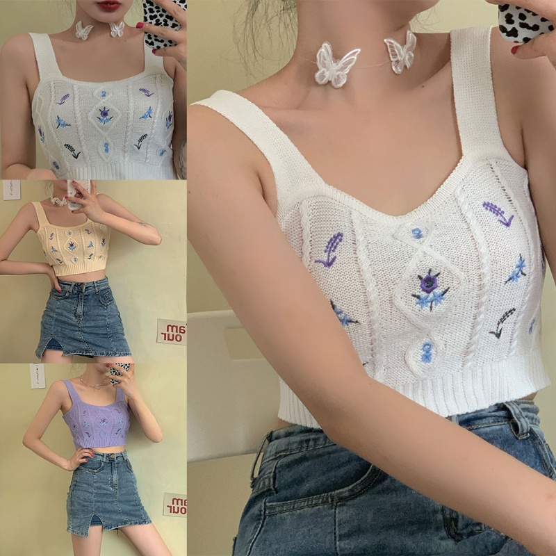 Áo Croptop Dệt Kim Không Tay Cổ Vuông Thêu Hoa Dáng Ôm Gợi Cảm Cho Nữ