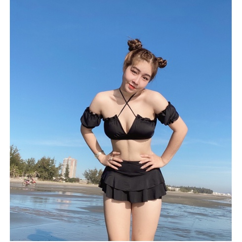 [HÌNH THẬT＋FEEDBACK]  Bikini nữ 2 mảnh màu đen tay bồng phối váy dễ thương VATIXA BKN77 ĐEN