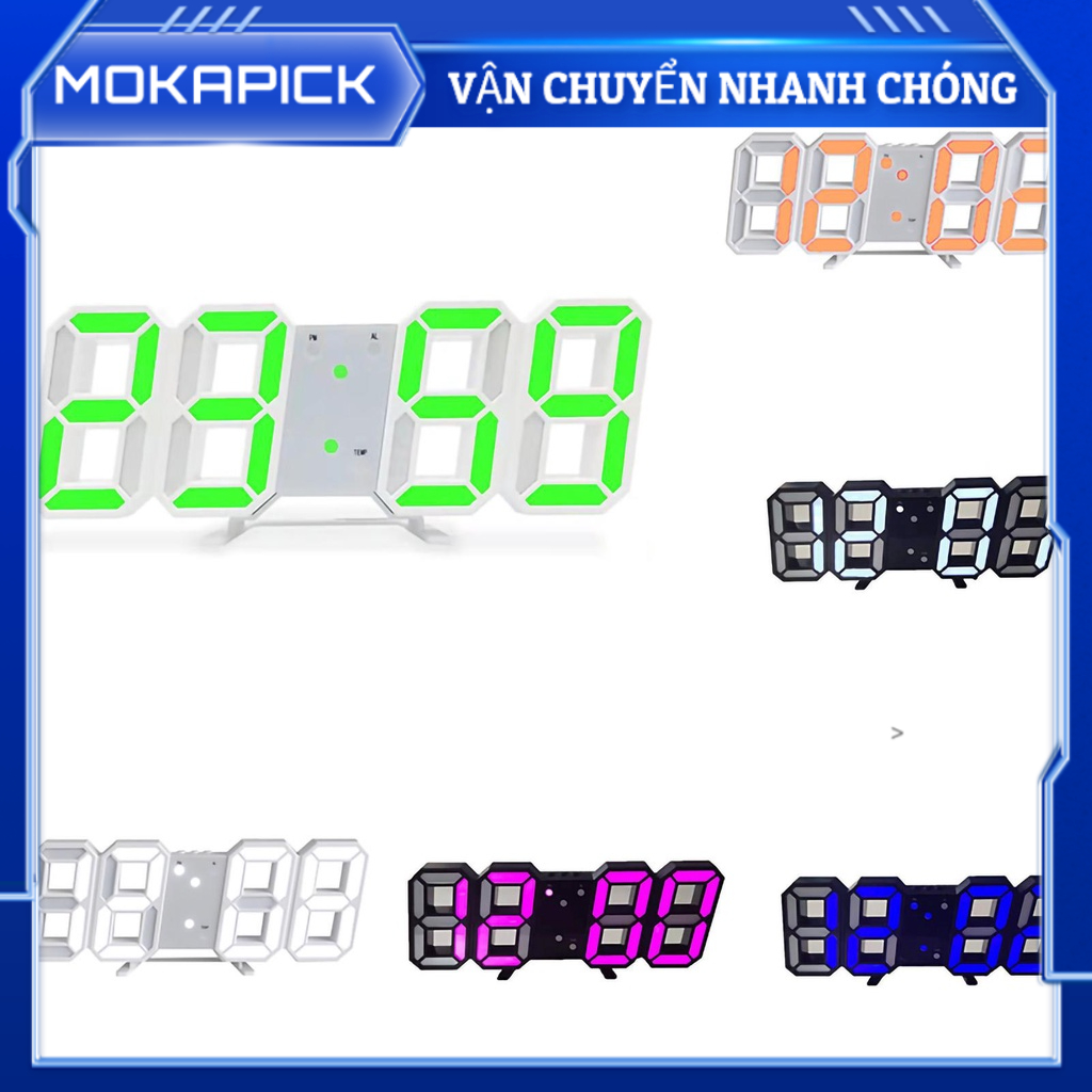 Mokapick Đồng hồ treo tường LED 3D báo thức tối giản cho văn phòng khách gia đình