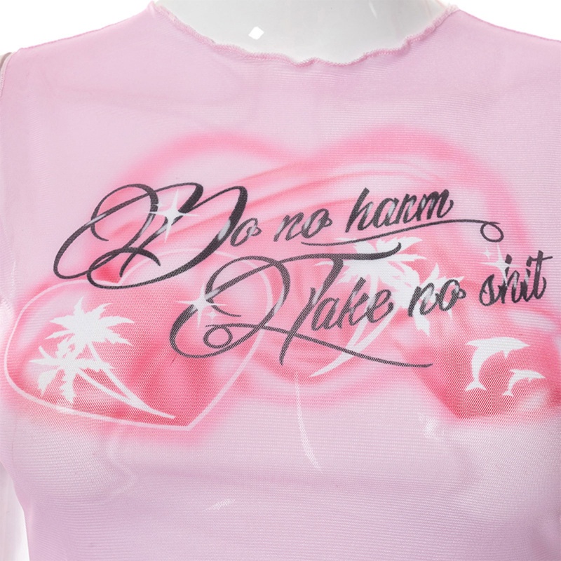 Brroa Áo Crop Top Sát Nách Mini Viền Bèo Nhún Họa Tiết Trái Tim In Chữ Phối Lưới Ngọt